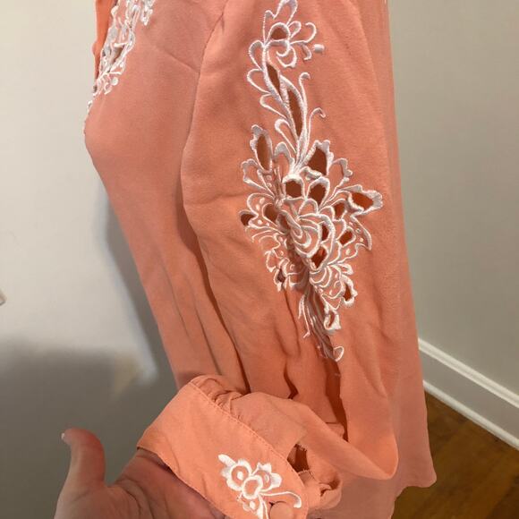 VTG Bob Mackie Wearable Art Silk Blouse Tag 1X Fits XL Peach Embroidered Floral - Picture 6 of 12